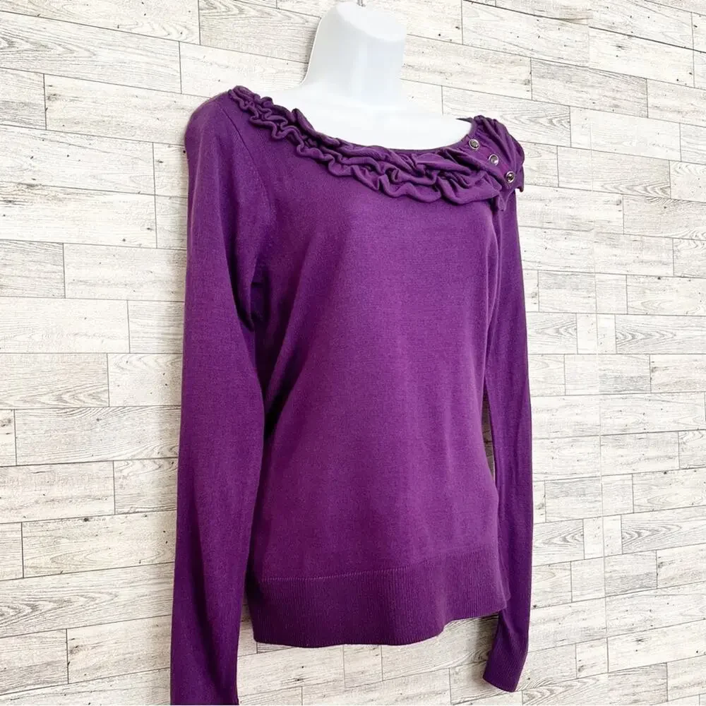NEW YORK & COMPANY Purple Ruffle Trim Sweater, S